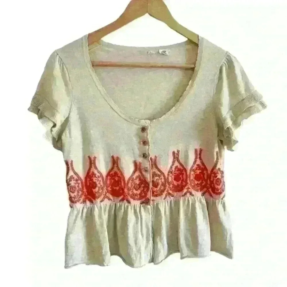 Anthropologie Moth Taupe Embroidered Ruffle Sleeve Peplum Cardigan Size S